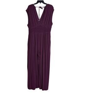 Old Navy Plum Purple Smocked Waist Wide Leg Jumpsuit Romper XL Tie Back V Neck